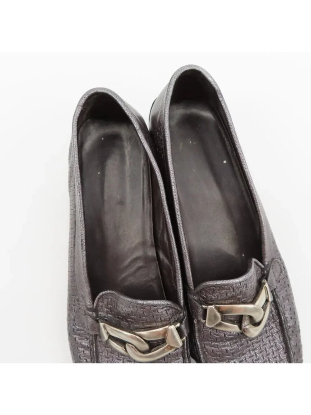 Stuart Weitzman 9.5 SS Pewter Silver Textured Chain Square Toe Loafers Flats